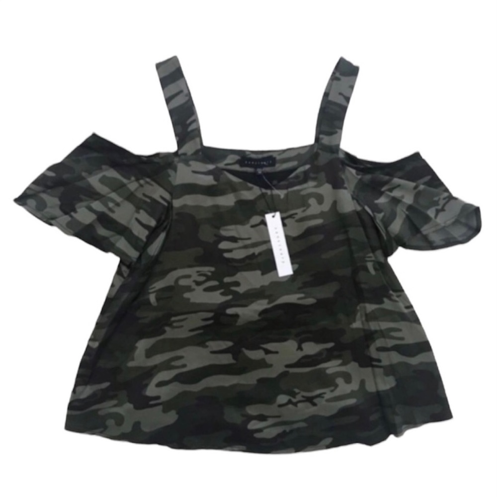 [NWT] Anthropologie | Sanctuary Military Camo Cold Shoulder Silky Top Size XS